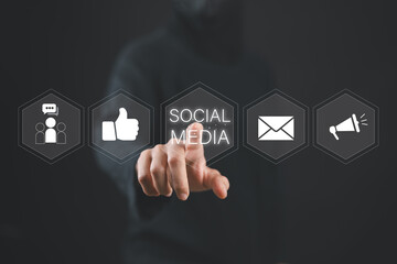 Social media network community concept. Women touching social media icons on virtual screen.