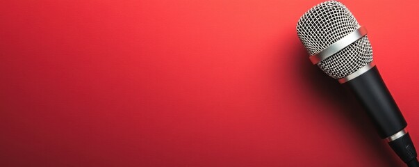 Obraz premium Retro-style microphone on a red background, vintage audio, classic design, music performance