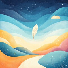 A dreamy landscape with a floating feather against a backdrop of starry skies and soft, flowing hills. Suitable for children's books and relaxation illustrations.