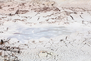 Vertical black and white photograph of mud pots on the fountain paint pots trail in Yellowstone National Park in Wyoming 