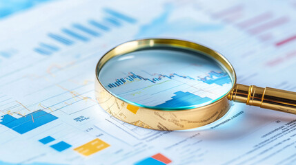 A magnifying glass meticulously examining complex set of financial graphs and charts, highlighting importance of detailed analysis in data interpretation