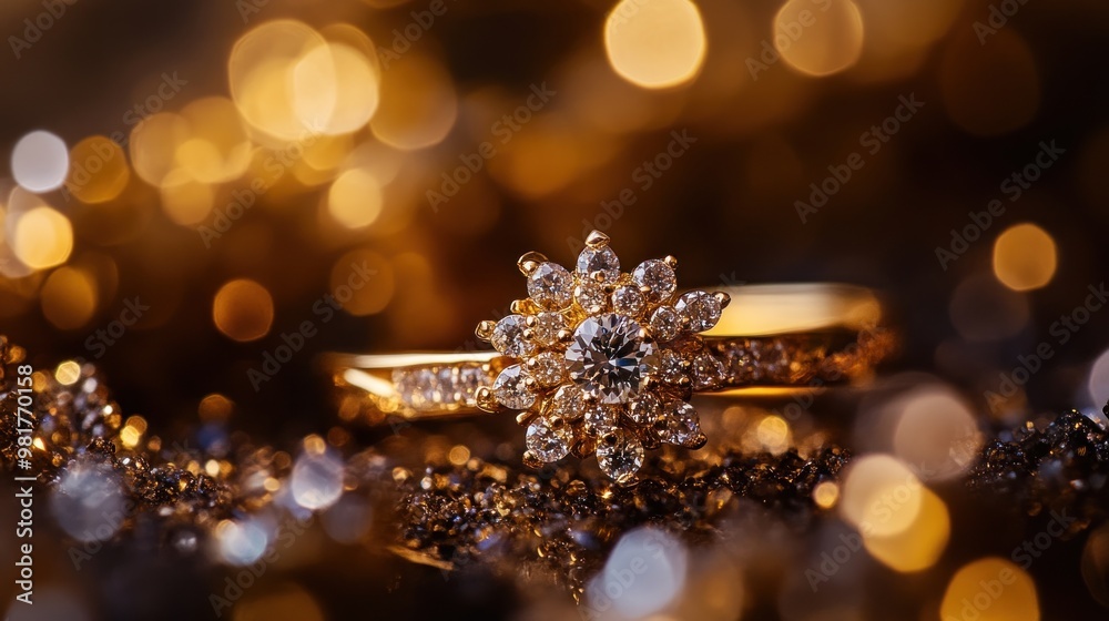 Canvas Prints A close-up of an elegant diamond ring with a floral design, sparkling against a bokeh background.