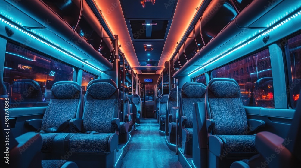 Poster A modern bus interior illuminated with vibrant blue and orange lighting, featuring comfortable seats.