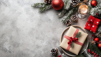 Christmas Decorations with Gifts, Ornaments, and Pinecones on a Gray Background. A festive arrangement of Christmas gifts, ornaments, and pinecones, creating a cozy holiday atmosphere