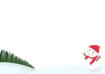 可愛い雪だるまと雪の結晶のイラスト