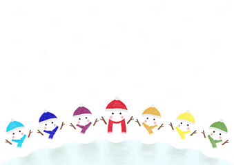 カラフル雪だるまと雪の結晶の背景イラスト