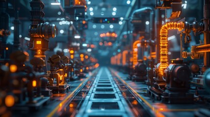 High-tech factory with AI-driven systems, IoT-enabled machinery, smart sensors optimizing production, futuristic industrial setting, advanced technology