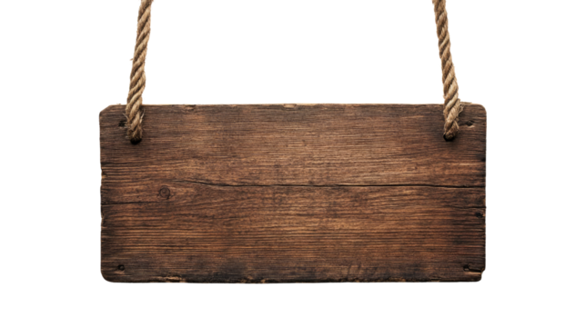 hanging wooden board on white transparent background