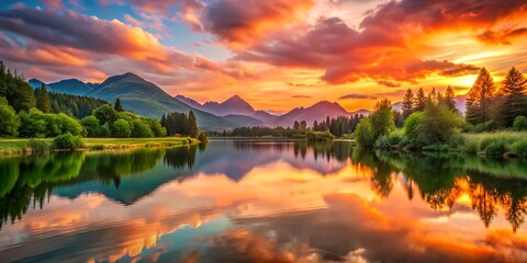 A serene sunset scene features a tranquil lake reflecting a vibrant orange and pink sky, surrounded by lush