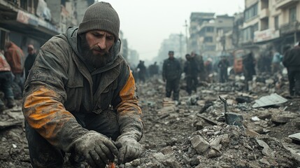Man Searching Through Rubble in War-Torn City