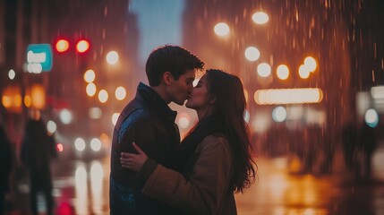A romantic couple kissing in the rain amidst a cityscape at night.