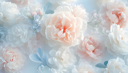 Obraz premium Soft, blooming peonies and roses in pastel shades, adding a delicate and feminine touch