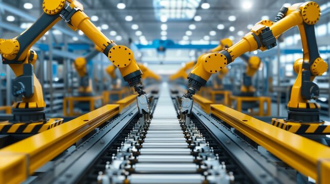 Robotic arms assembling products in a high-tech manufacturing plant, seamless automation, cutting-edge machinery, industrial precision