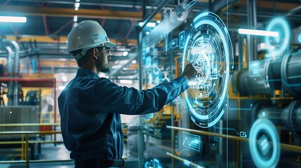 Industrial worker in a factory setting interacts with a digital interface. He is using his finger to touch a holographic display that displays technical information.