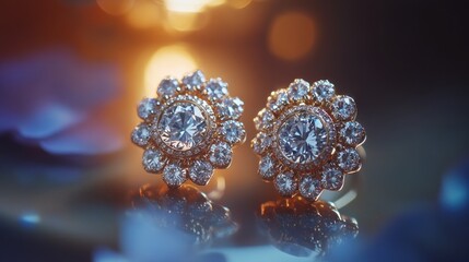 A close-up of elegant diamond earrings set against a soft, blurred background.