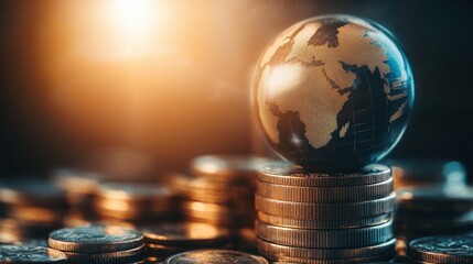 A digital world globe overlay on stacks of coins, representing global finance, investment, and prosperity under sunlight.