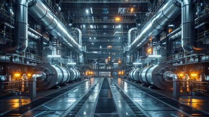Obraz premium Interior of a high-tech industrial plant, featuring steel structures and visible ducts, sleek design with a focus on functionality and efficiency