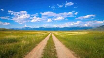 Fototapeta premium A dirt road stretches through a grassy plain toward distant mountains under a vibrant blue sky. Serene and spacious