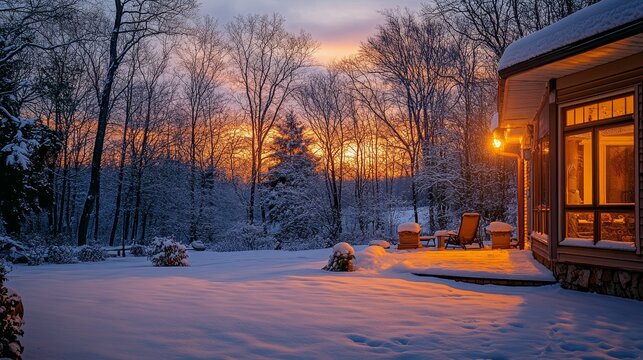 Serene winter evening  snow covered home, garden, and patio under the setting sun