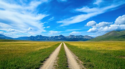 Fototapeta premium A dirt road stretches through a grassy plain toward distant mountains under a vibrant blue sky. Serene and spacious