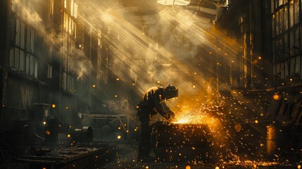Welder working in a dimly lit, gritty industrial factory, sparks flying from a welding torch, steel beams surrounding the scene, rustic textures and shadows everywhere