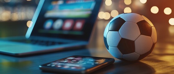 A realistic football sitting in front of a laptop and phone, both displaying a live soccer match with visible betting options and odds