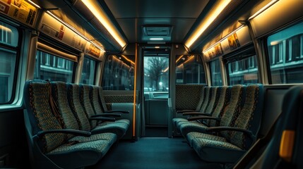 Fototapeta premium A dimly lit train interior with empty seats, evoking a sense of solitude and travel.