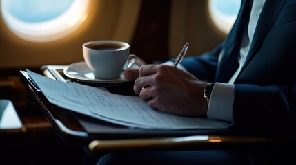 A businessman reviews documents while enjoying coffee on a private jet.