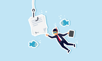 A businessman swimming with fish trying to catch a hook with a contract, illustration of in depth research into a new project agreement