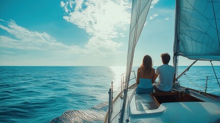 Obraz premium A couple enjoys a serene moment on a sailboat, gazing at the ocean and sky.