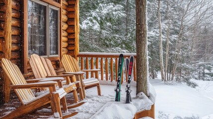 Charming rustic winter retreat featuring adirondack chairs and skis on snowy forest porch