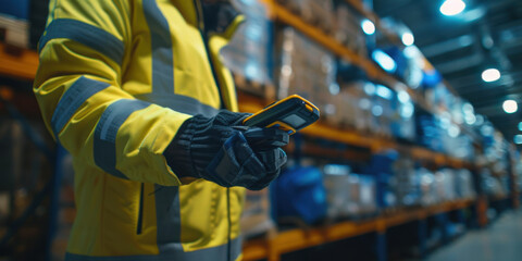 A logistics worker in a high-visibility jacket scans inventory in a warehouse using a handheld device for precise stock management.