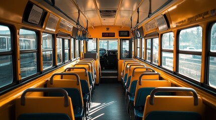 Interior view of a yellow school bus with empty seats and a driver's area.