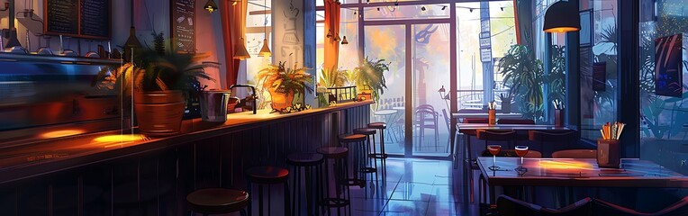 a hand drawing of a room with tables and chairs.