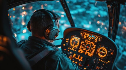Pilot operating a helicopter with illuminated cockpit instruments at night.