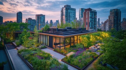 Fototapeta premium A rooftop garden in an urban setting, showcasing greenery and modern architecture.
