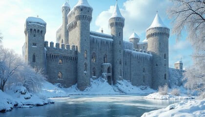 Fototapeta premium Majestic snow covered castle by a frozen lake in a winter landscape
