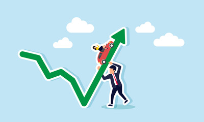 A businessman supporting a chart while a red car with a businesswoman drives over it, illustration of the growth of company assets