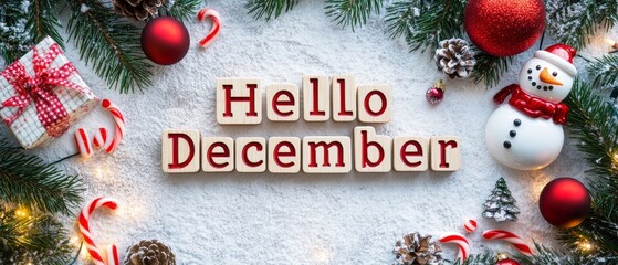A photo of the text "Hello December" made from Christmas decorations, surrounded by presents and candy canes on a white background with pine branches and red ornaments. The word is in wooden Scrabble 