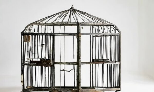Rustic birdcage with open door on white background, Video