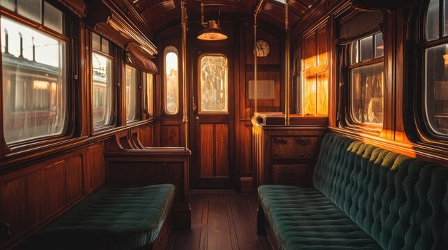 A vintage train interior with wooden finishes and soft green seating, illuminated by sunlight.