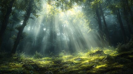Obraz premium Sunbeams Illuminating a Mossy Forest Floor