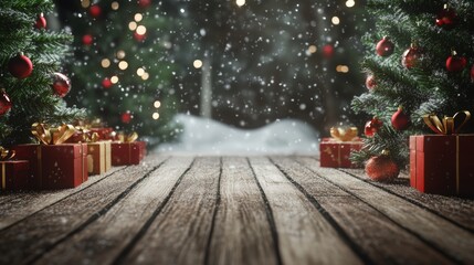 Close up christmas scene featuring tree and gifts with open space on wooden floor and snowy garden