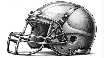 Fototapeta premium Black and white drawing of an American football helmet in profile, with shading and detail