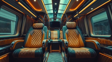 Fototapeta premium Luxurious interior of a high-end van featuring leather seats and ambient lighting.