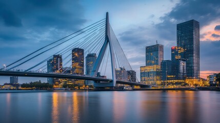 A modern bridge spans a river, surrounded by skyscrapers at dusk, showcasing urban architecture.