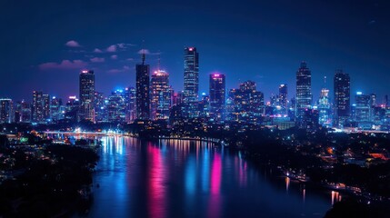 Fototapeta premium A vibrant city skyline illuminated at night, reflecting in a calm river.