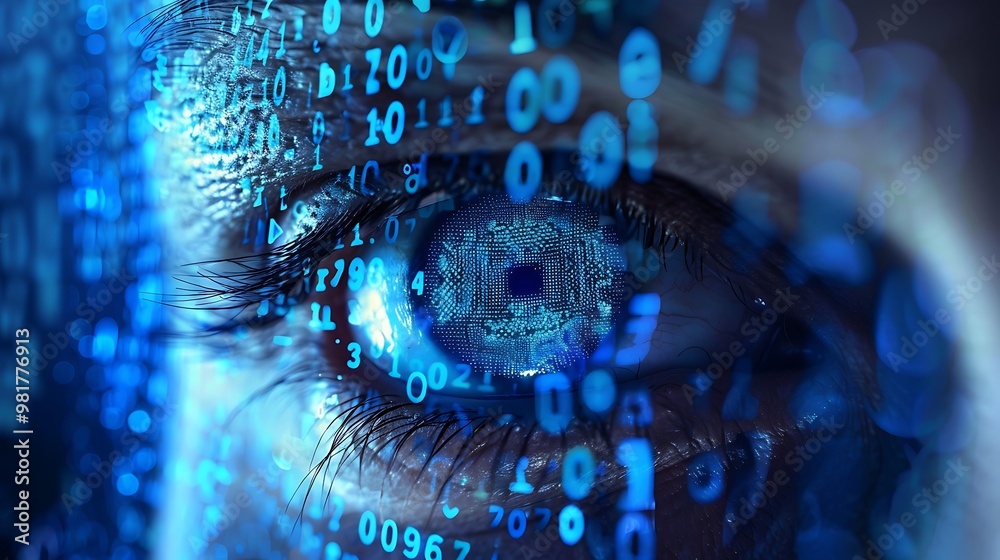 Poster close-up of a human eye with a digital chip embedded in the iris, surrounded by binary code, represe