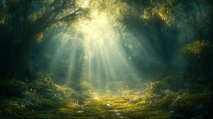 Sunbeams Illuminating a Mystical Forest Path