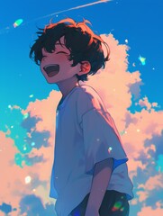 A cute anime boy wearing a white shirt laughs joyfully against a serene blue sky with fluffy clouds.